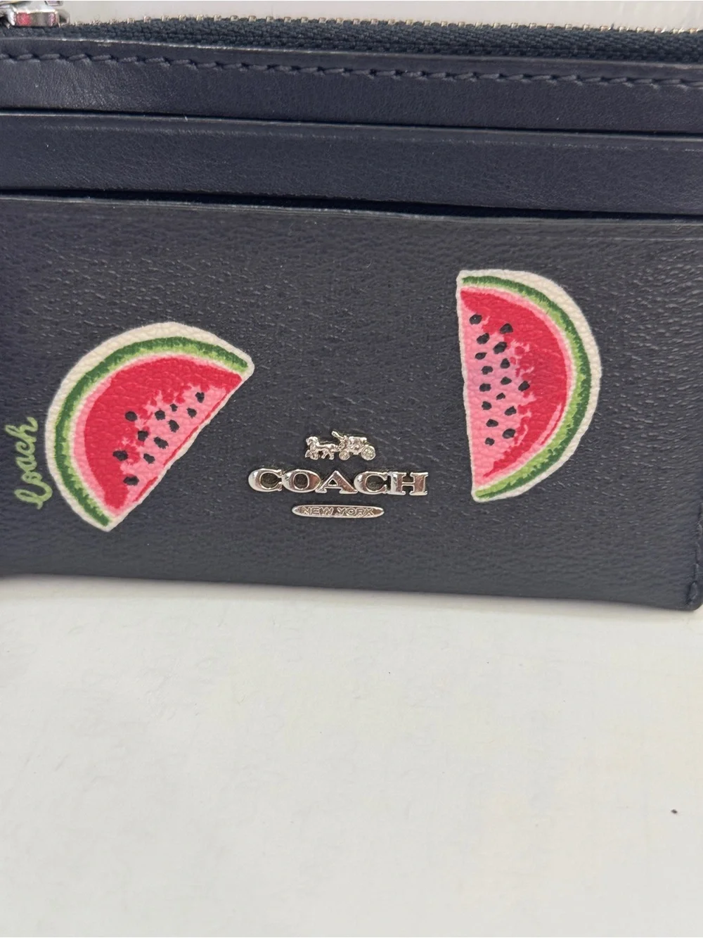 Coach Black Leather Card Holder with Watermelon Motif and Key Ring